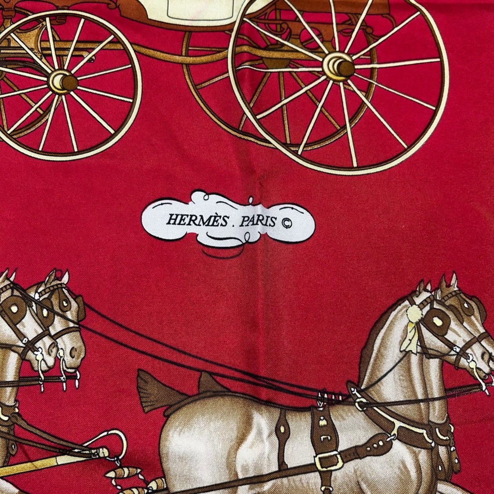 Hermes Paris Coach and Saddle Silk Scarf Red‎ Horse Carriage Designer Luxury - Picture 3 of 8